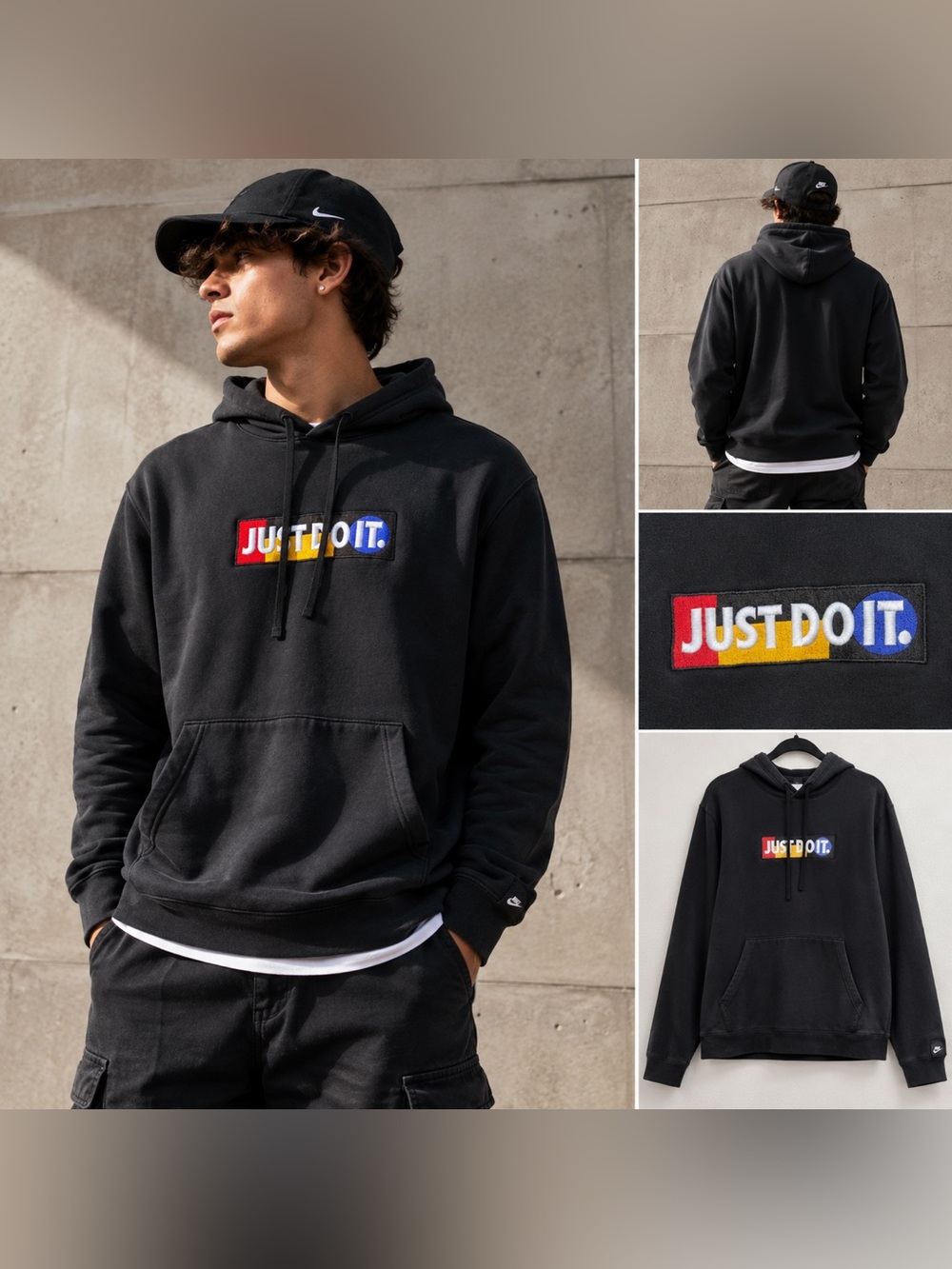 Nike Just Do It Hoodie Mens Large Black Multicolor Embroidered Logo Pullover
